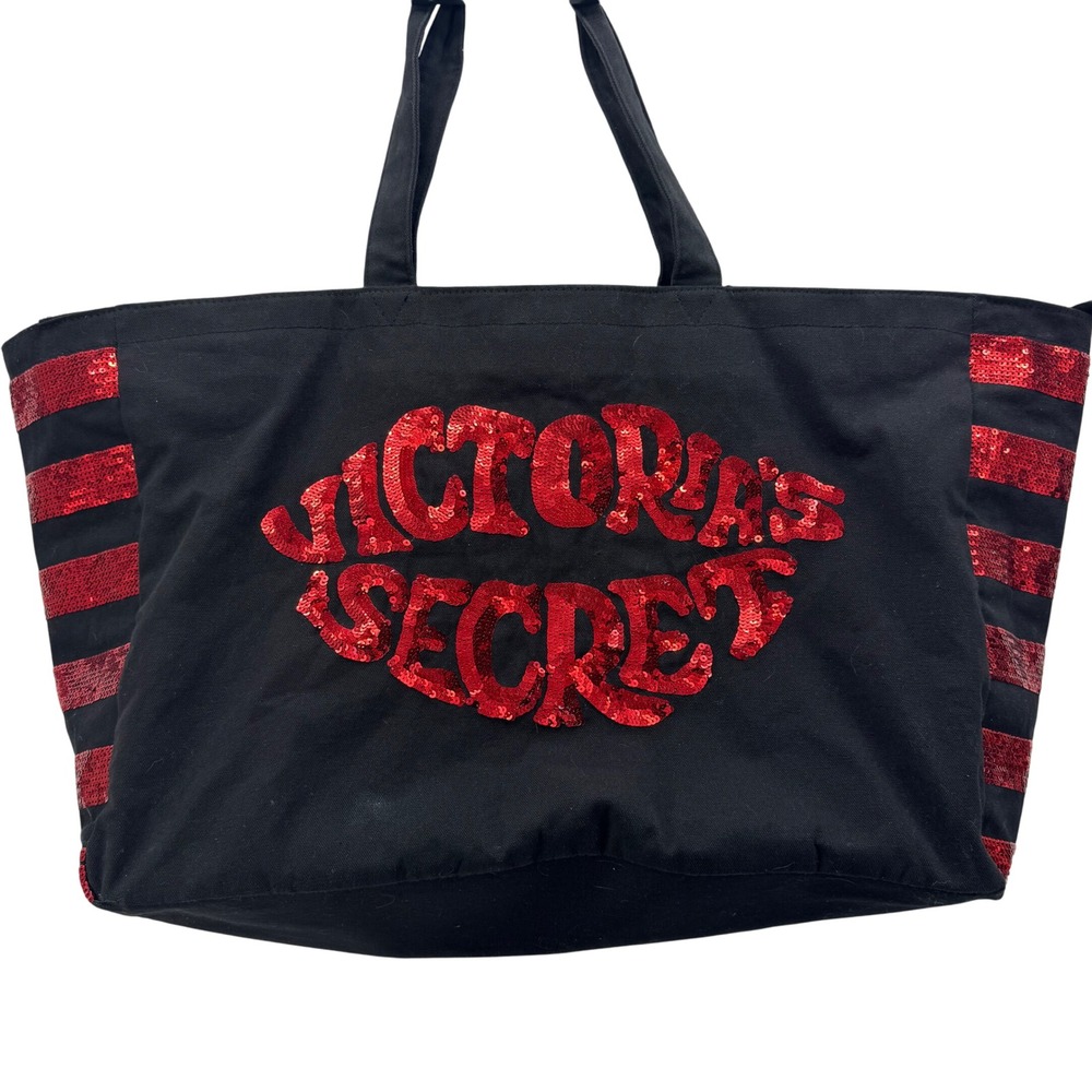 Victoria's Secret Black Red Sequin Stripe Tote Bag Large Travel Beach Carryall